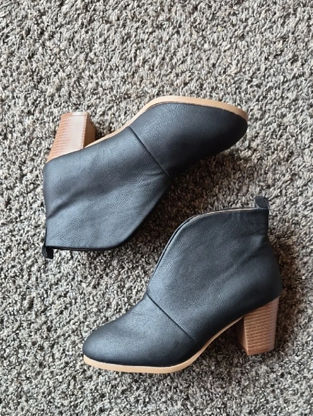 Women's V Slit Black Ankle Booties with Stacked Heel Size 37